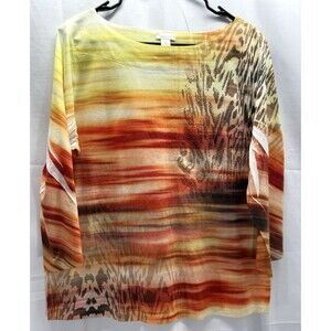Chico's Women's 3/4 Sleeve Boat Neck Top Colorful Tropical Embellished Sz 2 (L)
